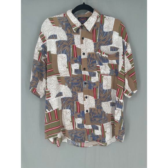 Vintage Other - 90s Vintage Shirt Large Brown Art Print Floral Button Short Sleeve Camp Beach